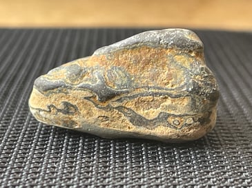 A brown and grey rock, vaguely shaped like an animal skull.